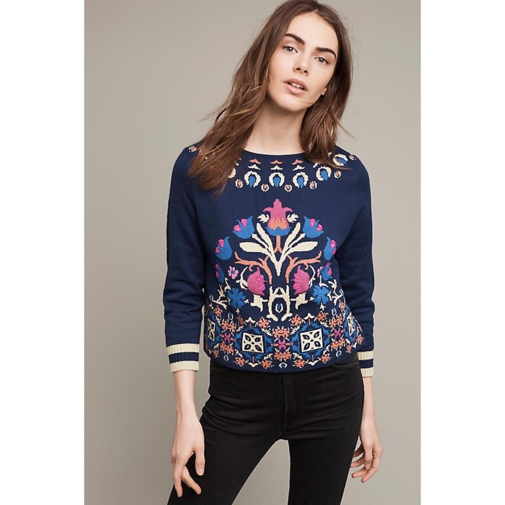 Anthropologie Shire Navy Blue Floral Intarsia Knit Sweater Small 3/4 Sleeve